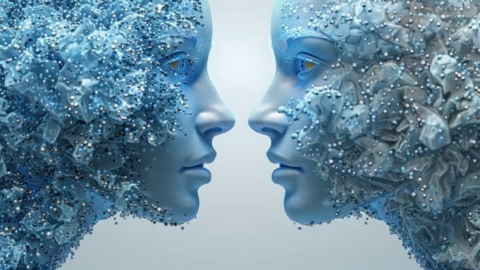 Two ethereal, blue-toned humanoid faces covered in sparkling particles, facing each other in profile, symbolizing AI interaction or comparison.