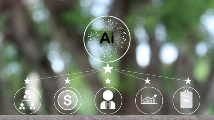 A digital diagram showing "Ai" at the top connected by lines to various business and financial icons, overlaid on a blurred green background.