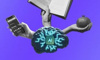 A digital illustration on a purple background showing a glowing artificial brain with an AI chip, surrounded by hands holding a smartphone with financial data, a book, and a fruit.