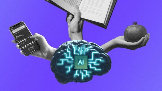 A digital illustration on a purple background showing a glowing artificial brain with an AI chip, surrounded by hands holding a smartphone with financial data, a book, and a fruit.