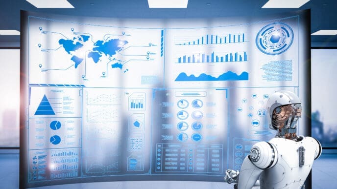 A white humanoid robot stands in front of a large, curved holographic screen displaying various blue-toned business intelligence dashboards, including world maps, bar charts, and pie charts.