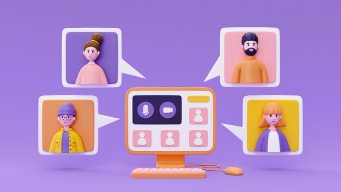 A 3D illustration showing a video conferencing setup with a central computer screen displaying call controls, surrounded by four floating speech bubbles, each containing a unique cartoon avatar of a person.