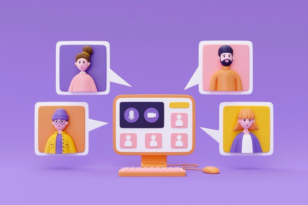 A 3D illustration showing a video conferencing setup with a central computer screen displaying call controls, surrounded by four floating speech bubbles, each containing a unique cartoon avatar of a person.