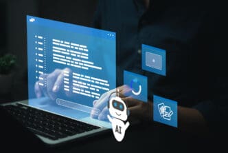 A person's hands are typing on a laptop, with a glowing blue holographic screen displaying code, a search bar, and various digital icons, including a white "AI" robot avatar, representing AI tools for website optimization.