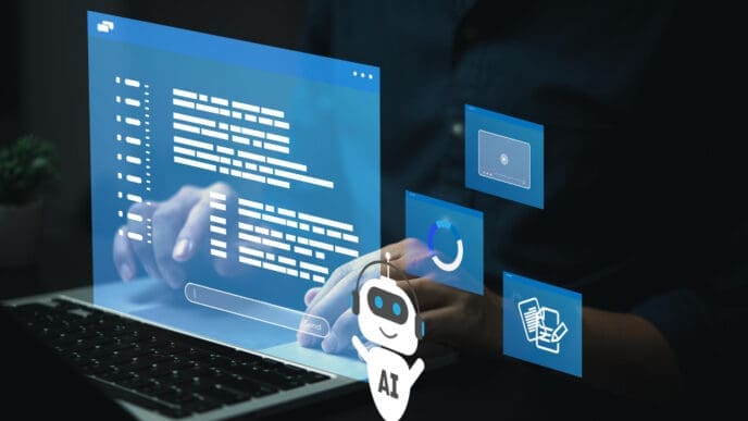 A person's hands are typing on a laptop, with a glowing blue holographic screen displaying code, a search bar, and various digital icons, including a white "AI" robot avatar, representing AI tools for website optimization.