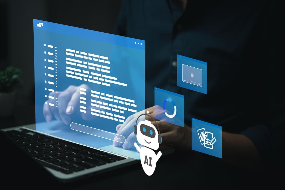 A person's hands are typing on a laptop, with a glowing blue holographic screen displaying code, a search bar, and various digital icons, including a white "AI" robot avatar, representing AI tools for website optimization.