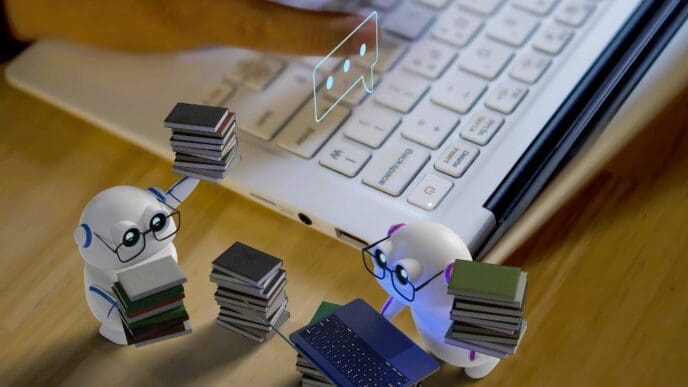 Two small, white humanoid robots with glasses are diligently sorting through stacks of miniature books and a tiny laptop on a wooden surface, with human hands typing on a larger laptop in the background and a glowing chat icon floating above.