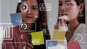 Two women are shown in a composite image with holographic digital overlays of charts, graphs, and data visualizations, suggesting they are interacting with AI-powered social media management tools. One woman holds sticky notes.