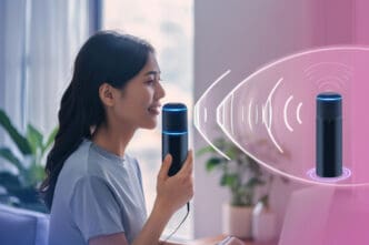 A young woman holds a black cylindrical smart speaker with blue light accents, speaking into it, with wavy white lines representing sound emanating from the speaker, and a duplicate speaker with sound waves in the background, all against a blurred pink and blue digital backdrop.