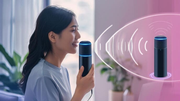 A young woman holds a black cylindrical smart speaker with blue light accents, speaking into it, with wavy white lines representing sound emanating from the speaker, and a duplicate speaker with sound waves in the background, all against a blurred pink and blue digital backdrop.