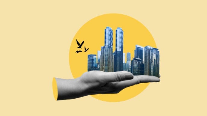 A grayscale hand holds a miniature cityscape of tall buildings, with three black bird silhouettes flying nearby, all against a golden-yellow circle on a light yellow background, symbolizing AI's influence in real estate.