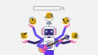 A multi-armed cartoon robot (chatbot) playing a guitar and holding various icons related to business, time, and creativity, under a search bar.
