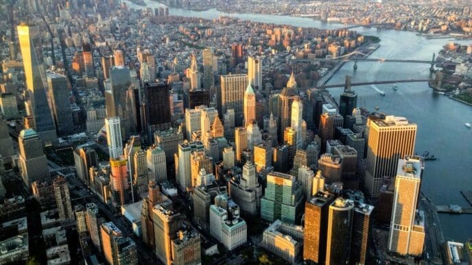 An expansive aerial view of the New York City skyline, with the sun's warm light reflecting off the numerous skyscrapers of Lower Manhattan, bordered by rivers, under a hazy sky.