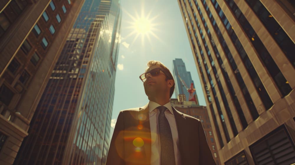Low-angle shot of a man in a suit and sunglasses looking up confidently amidst towering city skyscrapers with a bright sun.