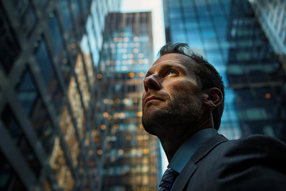 A determined businessman in a suit looking up towards towering modern skyscrapers.