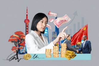A composite image featuring a focused Asian businesswoman pointing upwards, with a collage of Chinese cityscapes, money (Yuan), an American flag, Bitcoin, gold bars, and businessmen shaking hands, representing the American vs. Chinese billionaire concept.