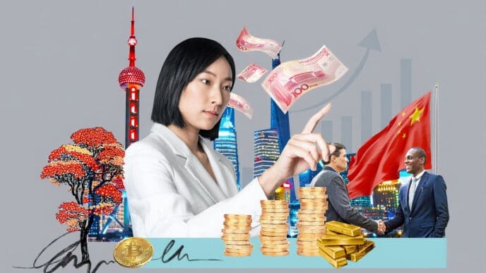 A composite image featuring a focused Asian businesswoman pointing upwards, with a collage of Chinese cityscapes, money (Yuan), an American flag, Bitcoin, gold bars, and businessmen shaking hands, representing the American vs. Chinese billionaire concept.