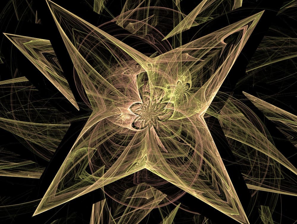 An intricate abstract digital fractal art piece featuring a central star-like shape with four points, composed of swirling, translucent lines in shades of gold, green, and pink against a dark background, with smaller fractal patterns within.