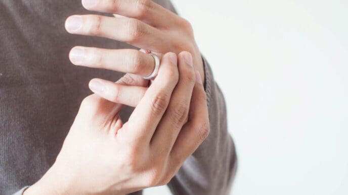 A close-up of a person's hands, with one hand adjusting or removing a plain silver ring from a finger of the other hand, against a white background.