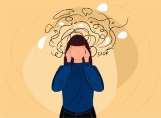 A flat vector illustration of a person with dark hair, pressing their hands to their head. A chaotic tangle of lines, arrows, and the word "STOP" floats above, symbolizing anxiety or mental overload.