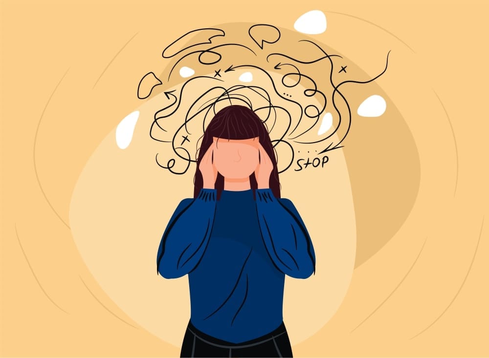A flat vector illustration of a person with dark hair, pressing their hands to their head. A chaotic tangle of lines, arrows, and the word "STOP" floats above, symbolizing anxiety or mental overload.