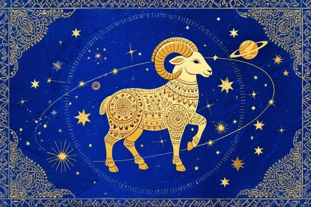 A golden, ornate illustration of a ram, representing Aries, against a blue starry background with celestial elements.