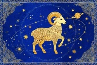 A golden, ornate illustration of a ram, representing Aries, against a blue starry background with celestial elements.