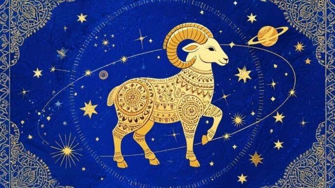 A golden, ornate illustration of a ram, representing Aries, against a blue starry background with celestial elements.