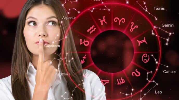 A thoughtful woman with her finger to her lips, overlaid with astrological constellations and a glowing red zodiac wheel.