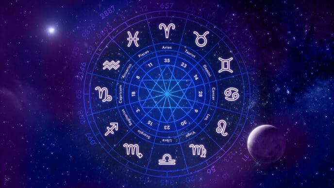 A glowing zodiac wheel with astrological signs and numbers, set against a starry night sky with a moon.