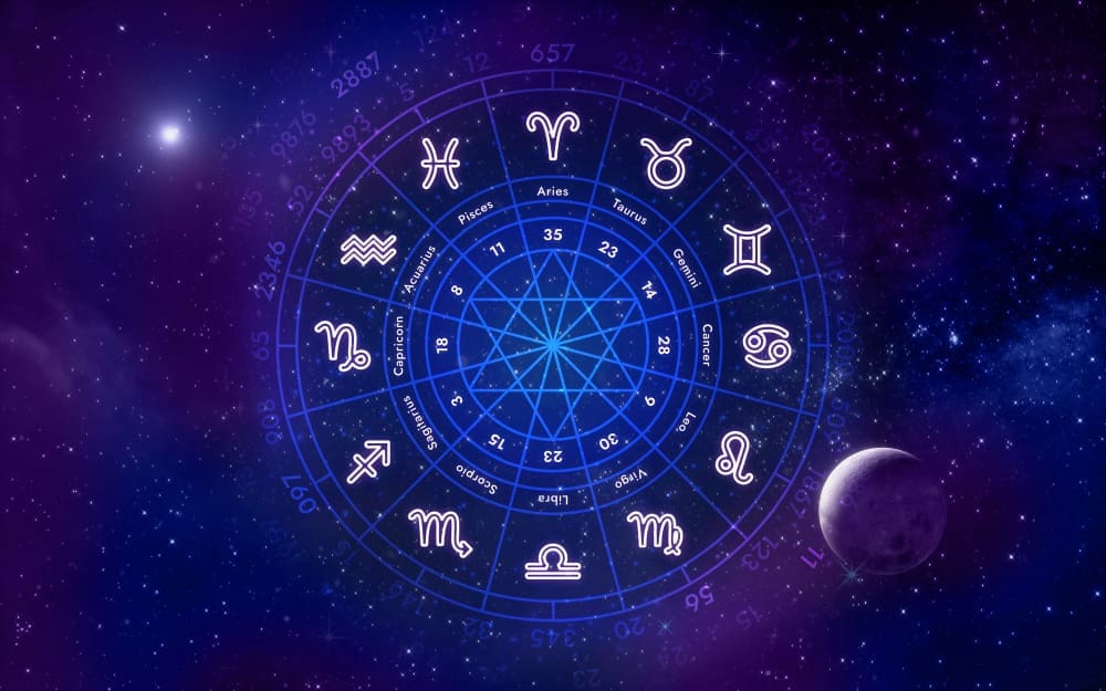 A glowing zodiac wheel with astrological signs and numbers, set against a starry night sky with a moon.