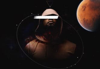 A man in a hooded sweatshirt with a white bar over his eyes, set against a dark, cosmic background with stars, an elliptical orbit, a triangle, and a prominent image of the planet Mars, representing astrological concepts.