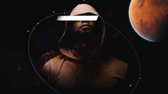A man in a hooded sweatshirt with a white bar over his eyes, set against a dark, cosmic background with stars, an elliptical orbit, a triangle, and a prominent image of the planet Mars, representing astrological concepts.