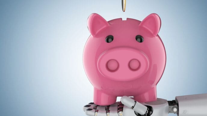 A 3D render of a robot hand holding a pink piggy bank, with a coin dropping into it, on a light blue background.