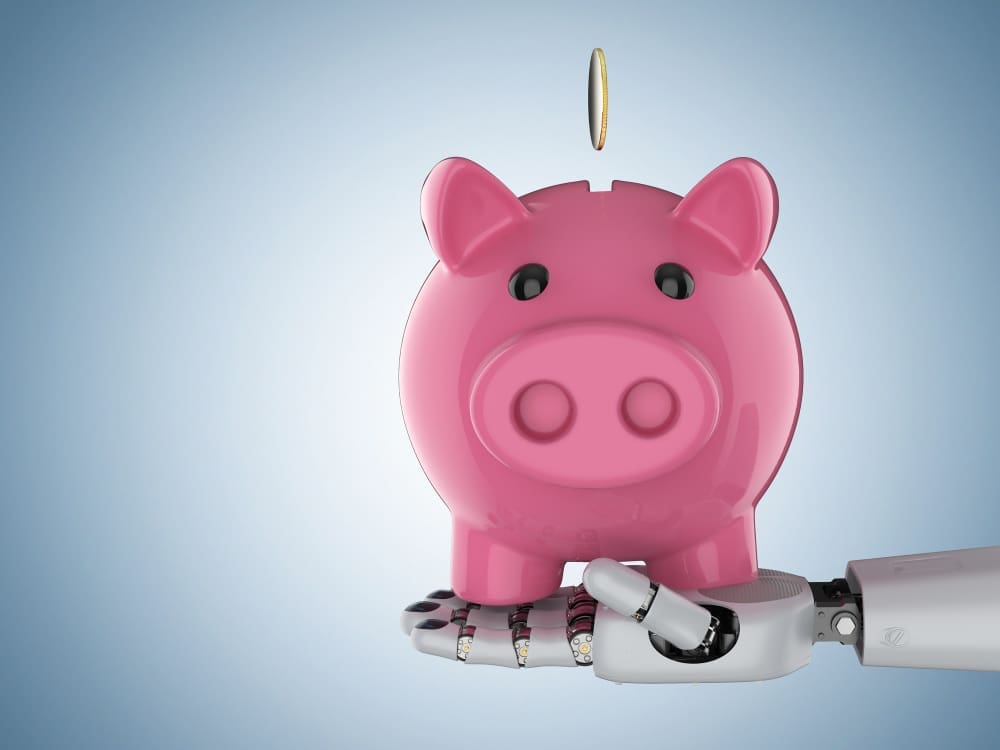 A 3D render of a robot hand holding a pink piggy bank, with a coin dropping into it, on a light blue background.