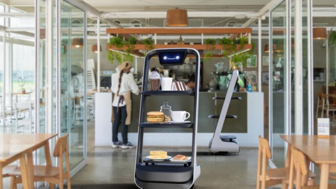An autonomous waiter robot with multiple shelves carrying food and drinks, operating in a modern, brightly lit restaurant.