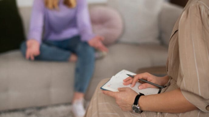 A therapist (foreground, blurred) taking notes while a patient (background, blurred) speaks during a therapy session.