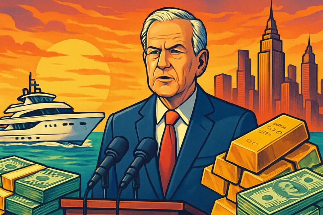 A pop art illustration of a man resembling Bernard Arnault speaking at a podium, surrounded by bundles of cash, gold bars, a luxury yacht, and a city skyline under an orange sky, symbolizing wealth and global influence.