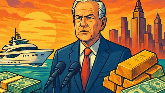 A pop art illustration of a man resembling Bernard Arnault speaking at a podium, surrounded by bundles of cash, gold bars, a luxury yacht, and a city skyline under an orange sky, symbolizing wealth and global influence.