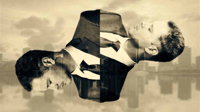 A surreal, split image of two men in suits, facing away from each other and seemingly connected at the torso, with their forms filled with a cityscape, against a monochrome background of a blurred city and sky.