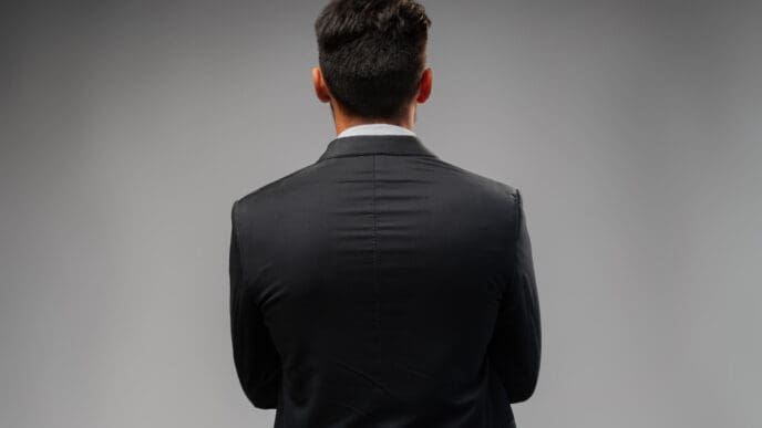 The back of a man's head and shoulders, wearing a dark suit, facing away from the viewer against a plain grey background, symbolizing leadership, mystery, or a forward-looking stance.