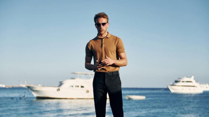 A man in a brown polo shirt and black pants stands on a dock, wearing sunglasses and clasping his hands, with luxury yachts on the calm blue water and a clear sky in the background.