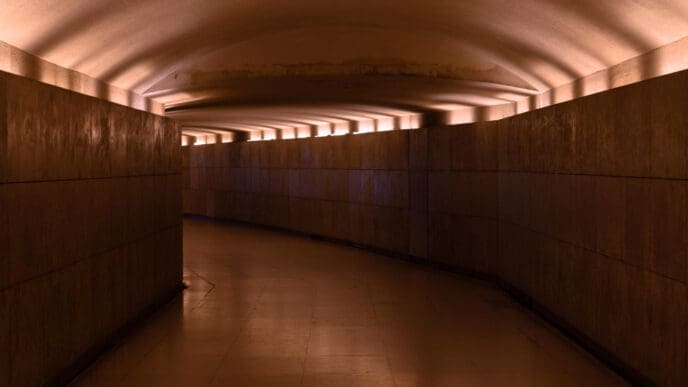 A dimly lit, curved underground tunnel with smooth, dark walls and an arched ceiling with strip lighting, evoking a sense of secrecy or a luxury bunker.