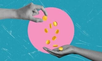 A digital collage featuring a grayscale hand dropping golden coins into another grayscale hand, against a textured blue background with a prominent pink circle, symbolizing donations or financial transactions.
