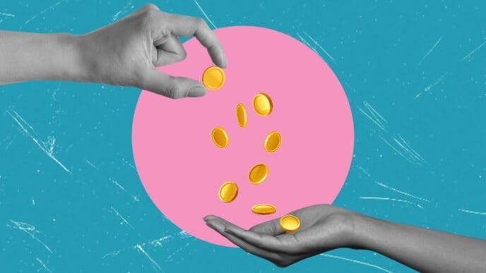 A digital collage featuring a grayscale hand dropping golden coins into another grayscale hand, against a textured blue background with a prominent pink circle, symbolizing donations or financial transactions.