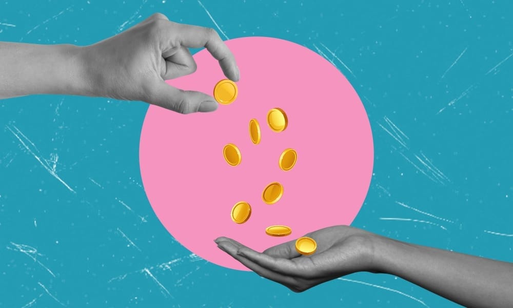 A digital collage featuring a grayscale hand dropping golden coins into another grayscale hand, against a textured blue background with a prominent pink circle, symbolizing donations or financial transactions.