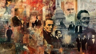 A complex digital collage of historical figures, including politicians and businessmen, superimposed over abstract textures, architectural sketches (like the U.S. Capitol), and old documents, all in a sepia-toned, gritty style.