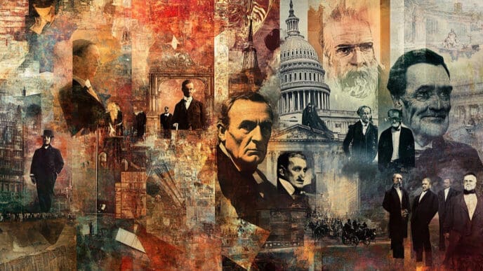 A complex digital collage of historical figures, including politicians and businessmen, superimposed over abstract textures, architectural sketches (like the U.S. Capitol), and old documents, all in a sepia-toned, gritty style.