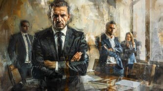 An artistic, gritty painting depicts a stern-faced businessman in a suit with crossed arms, standing in front of a table with papers, flanked by three other blurred business figures in a stylized office setting.