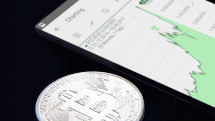 A silver physical Bitcoin coin rests on a dark surface, with a smartphone in the background displaying a green-lined cryptocurrency chart showing an upward trend.